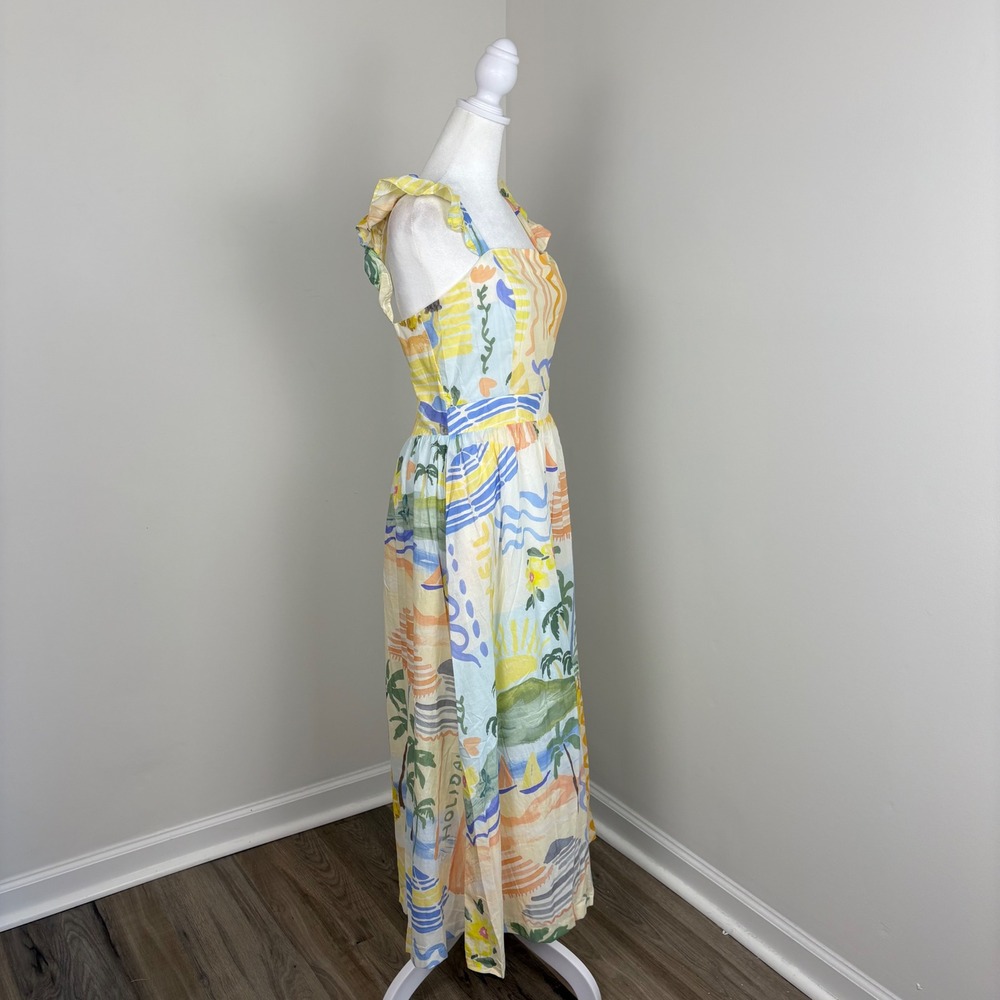Prosperina Nicola Multi Print Midi Dress Women M Ruffle Coastal Summer NWT - Picture 4 of 13